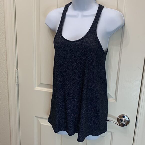 Zara Basic Evening Medium Navy Blue Metallic Shimmer Racerback Zipper Sexy Top - Picture 2 of 7